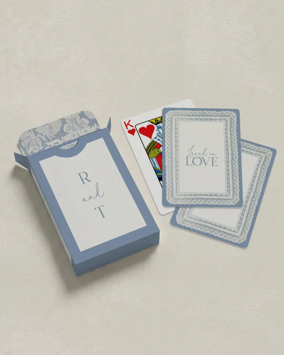 This is a 2.7" x 3.6" box; 2.5" x 3.5" card Wedding Playing Card called Laced in Love printed in full color with Silver foil