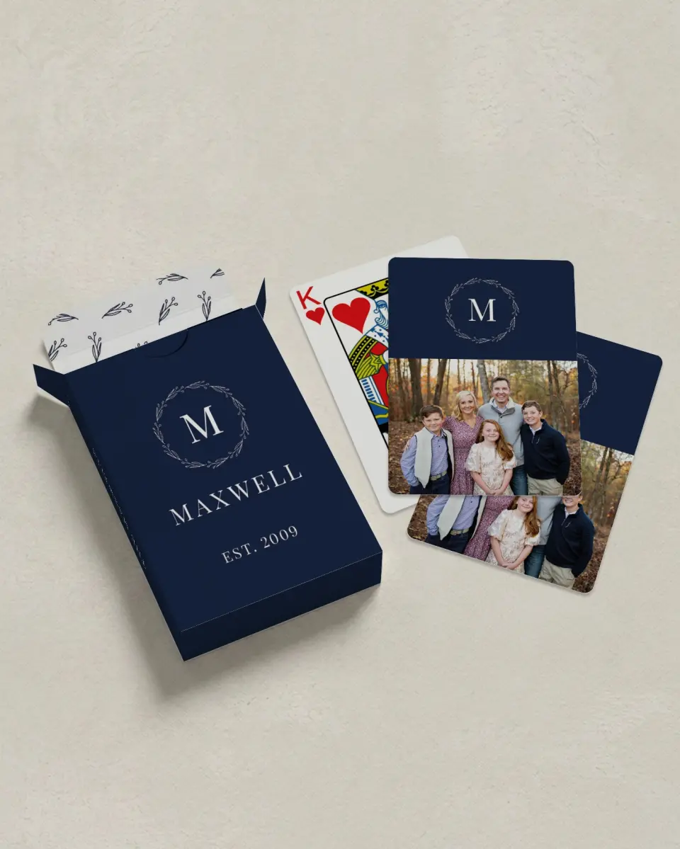 This is a 2.7" x 3.6" box; 2.5" x 3.5" card Business Playing Card called Family Monogram printed in full color with Silver foil