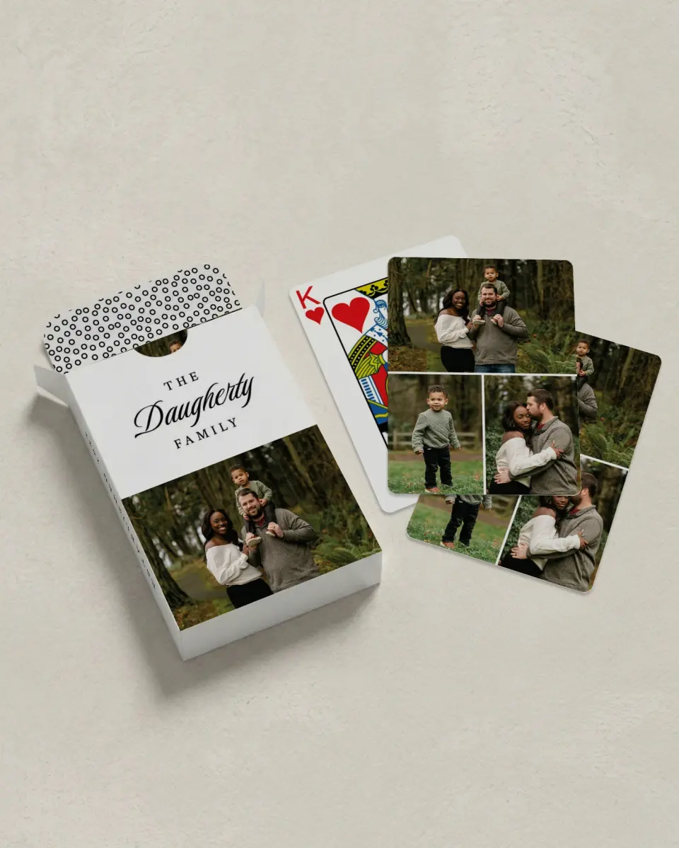 This is a 2.7" x 3.6" box; 2.5" x 3.5" card Business Playing Card called Family Tradition printed in full color with Silver foil
