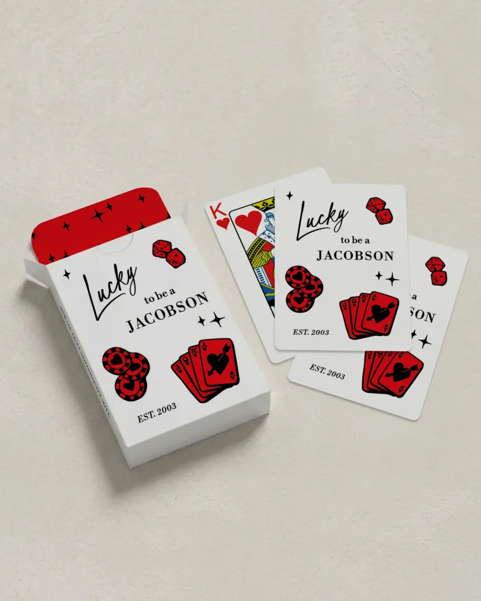 This is a 2.7" x 3.6" box; 2.5" x 3.5" card Business Playing Card called Family Luck printed in full color with Silver foil