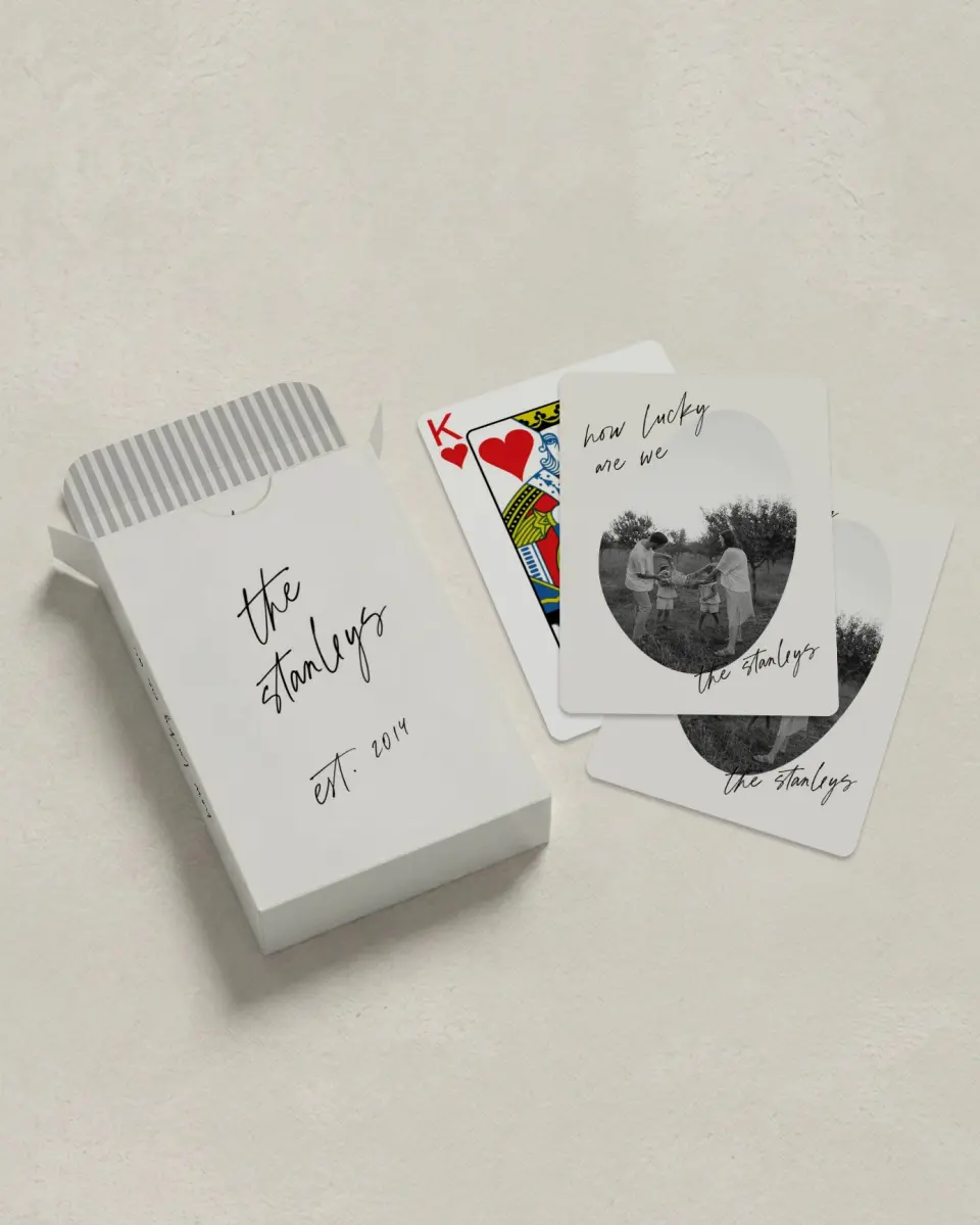 This is a 2.7" x 3.6" box; 2.5" x 3.5" card Business Playing Card called Lucky Ones printed in full color