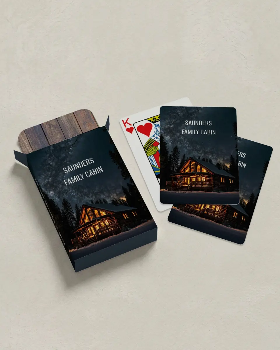 This is a 2.7" x 3.6" box; 2.5" x 3.5" card Business Playing Card called Family Cabin printed in full color with Silver foil