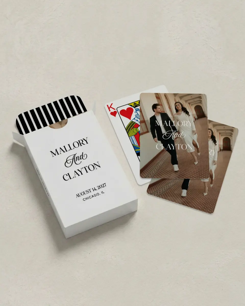 This is a 2.7" x 3.6" box; 2.5" x 3.5" card Wedding Playing Card called The Mallory printed in full color