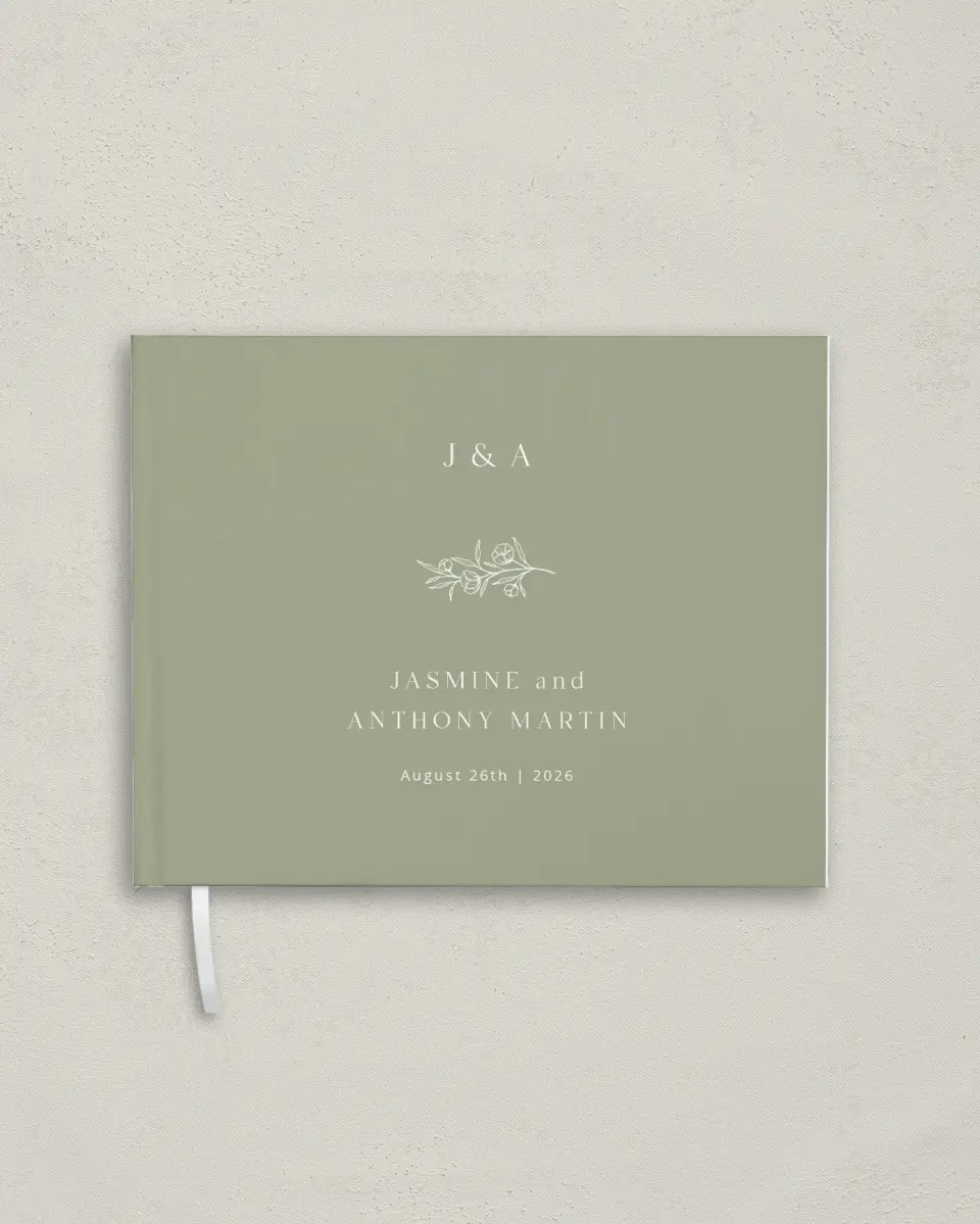 This is a 10½" x 8¼" Wedding Guest Book called The Jasmine printed in full color with Rose Gold foil