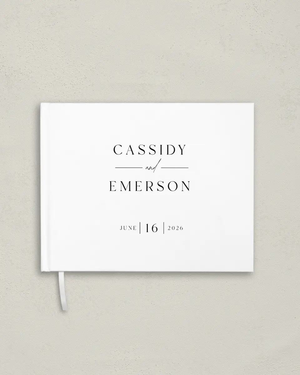 This is a 10½" x 8¼" Wedding Guest Book called Devoted Delight printed in full color with Rose Gold foil