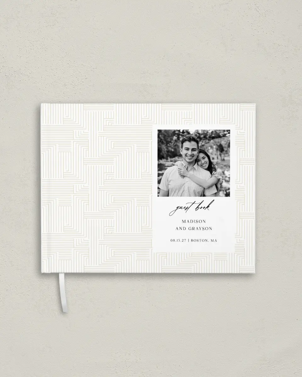 This is a 10½" x 8¼" Wedding Guest Book called Love Maze printed in full color with Silver foil