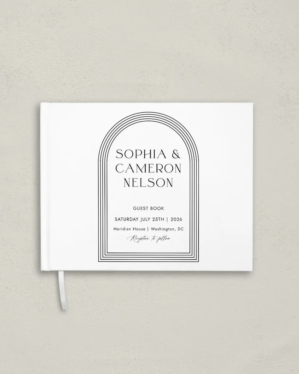 This is a 10½" x 8¼" Wedding Guest Book called Passionate Arch printed in full color with Silver foil