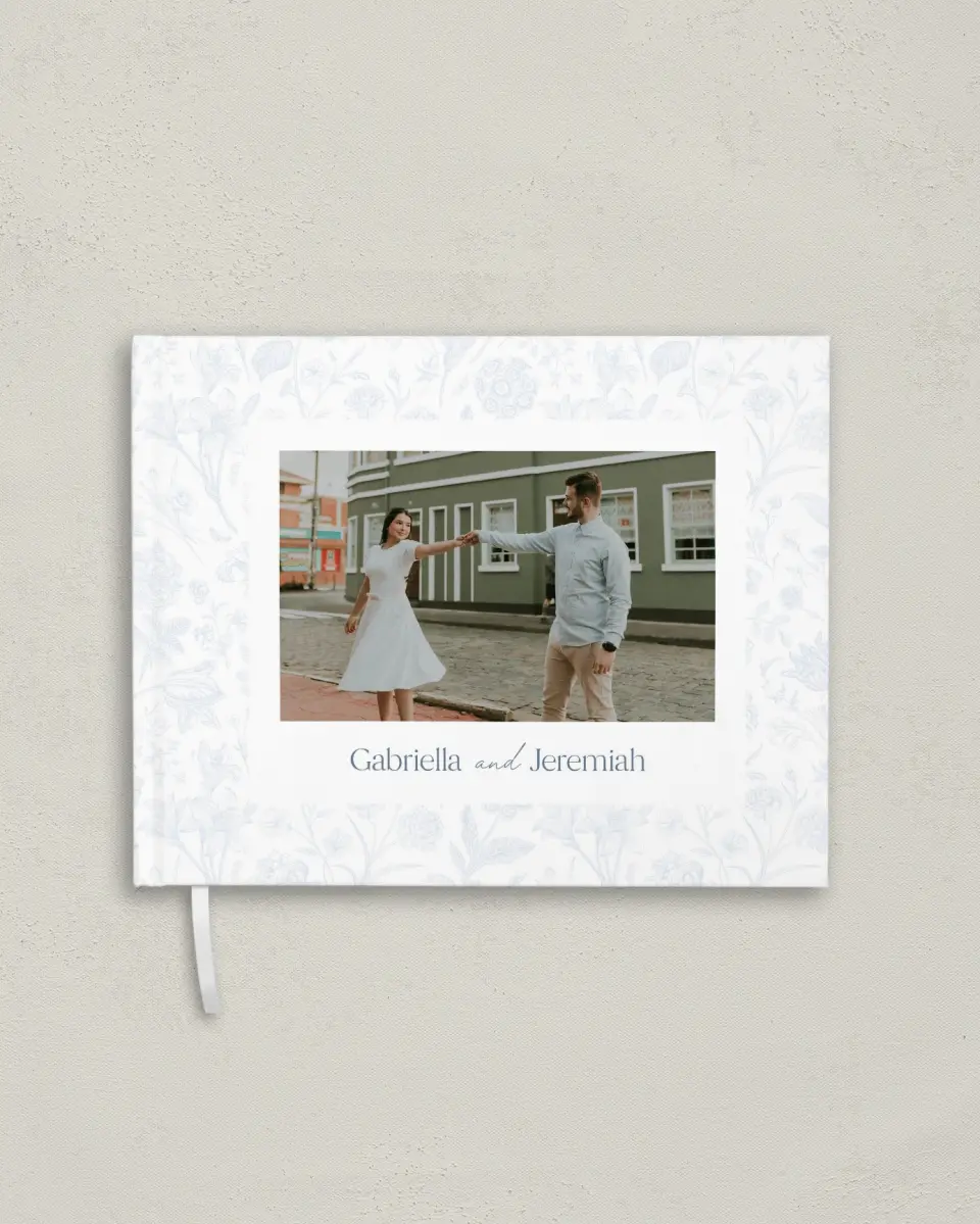 This is a 10½" x 8¼" Wedding Guest Book called The Gabriella printed in full color with Silver foil