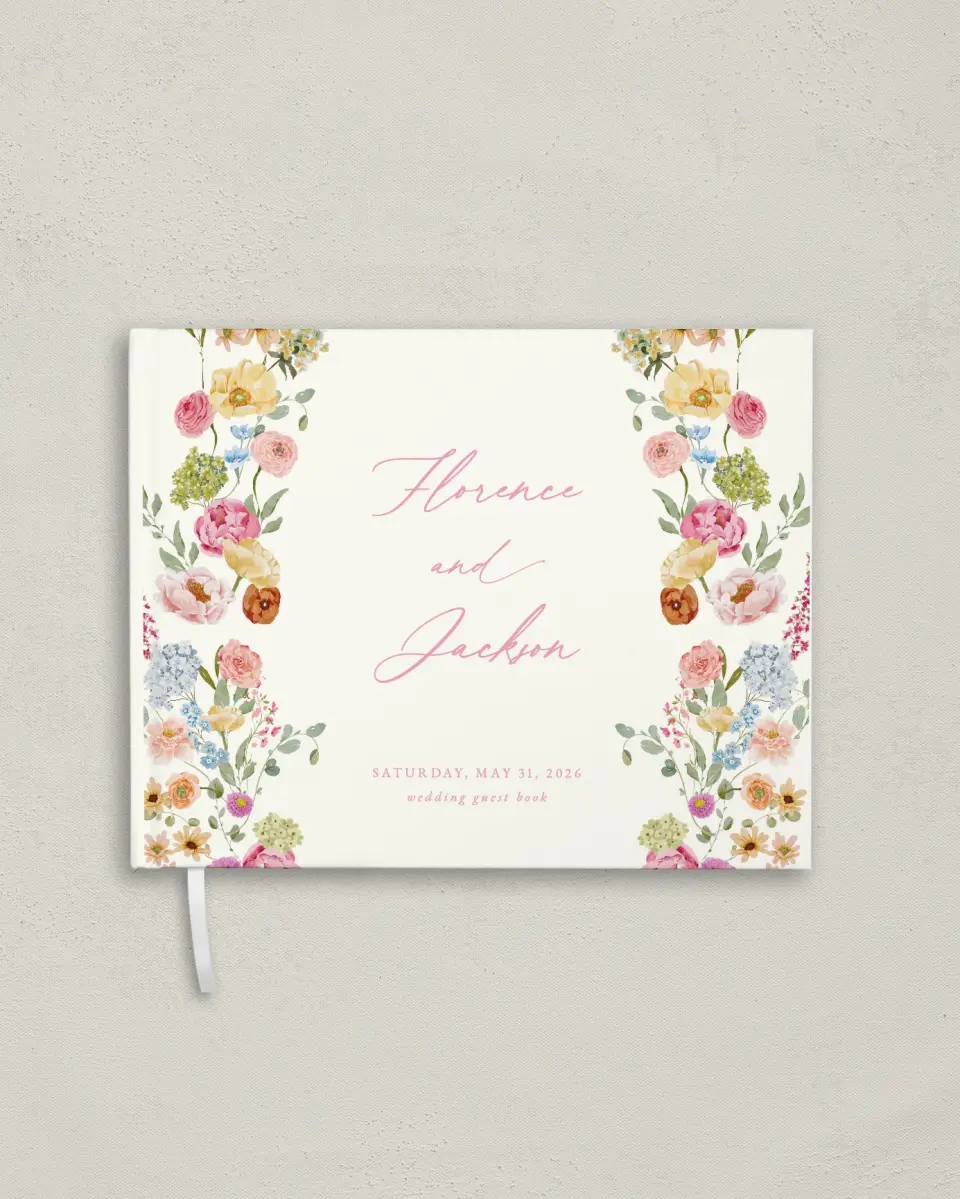 This is a 10½" x 8¼" Wedding Guest Book called The Florence printed in full color with Gold foil