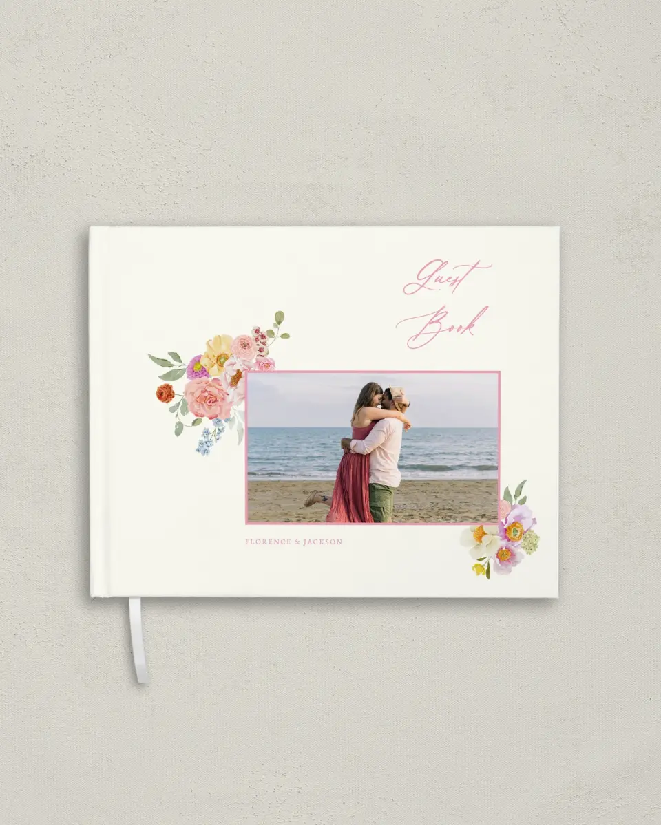 This is a 10½" x 8¼" Wedding Guest Book called The Florence printed in full color with Gold foil