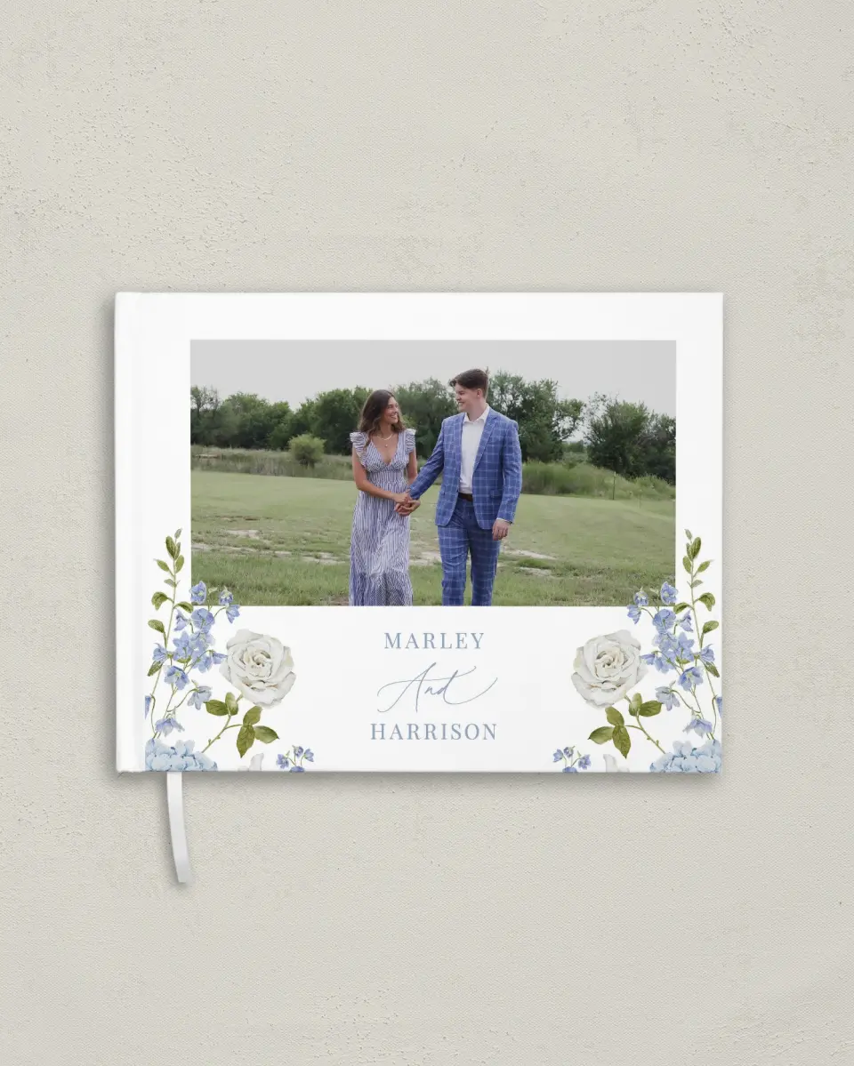 This is a 10½" x 8¼" Wedding Guest Book called Blue Blossoms printed in full color