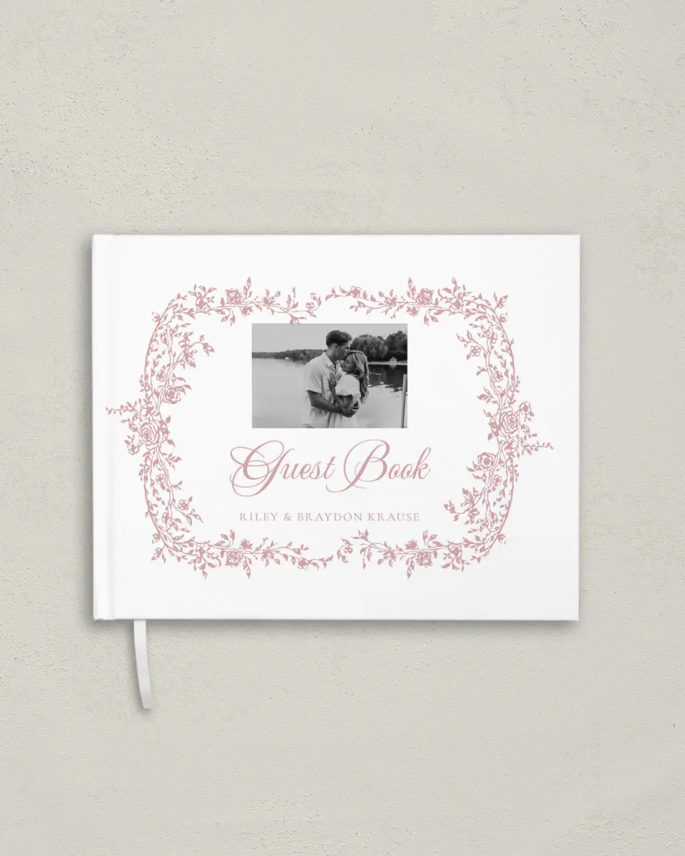 This is a 10½" x 8¼" Wedding Guest Book called Rose Vine printed in full color