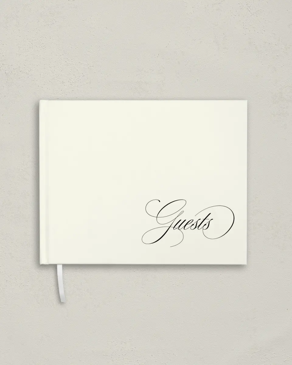 This is a 10½" x 8¼" Wedding Guest Book called Sophisticated Script printed in full color