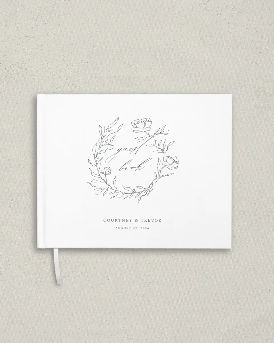 This is a 10½" x 8¼" Wedding Guest Book called Whispering Wreath printed in full color