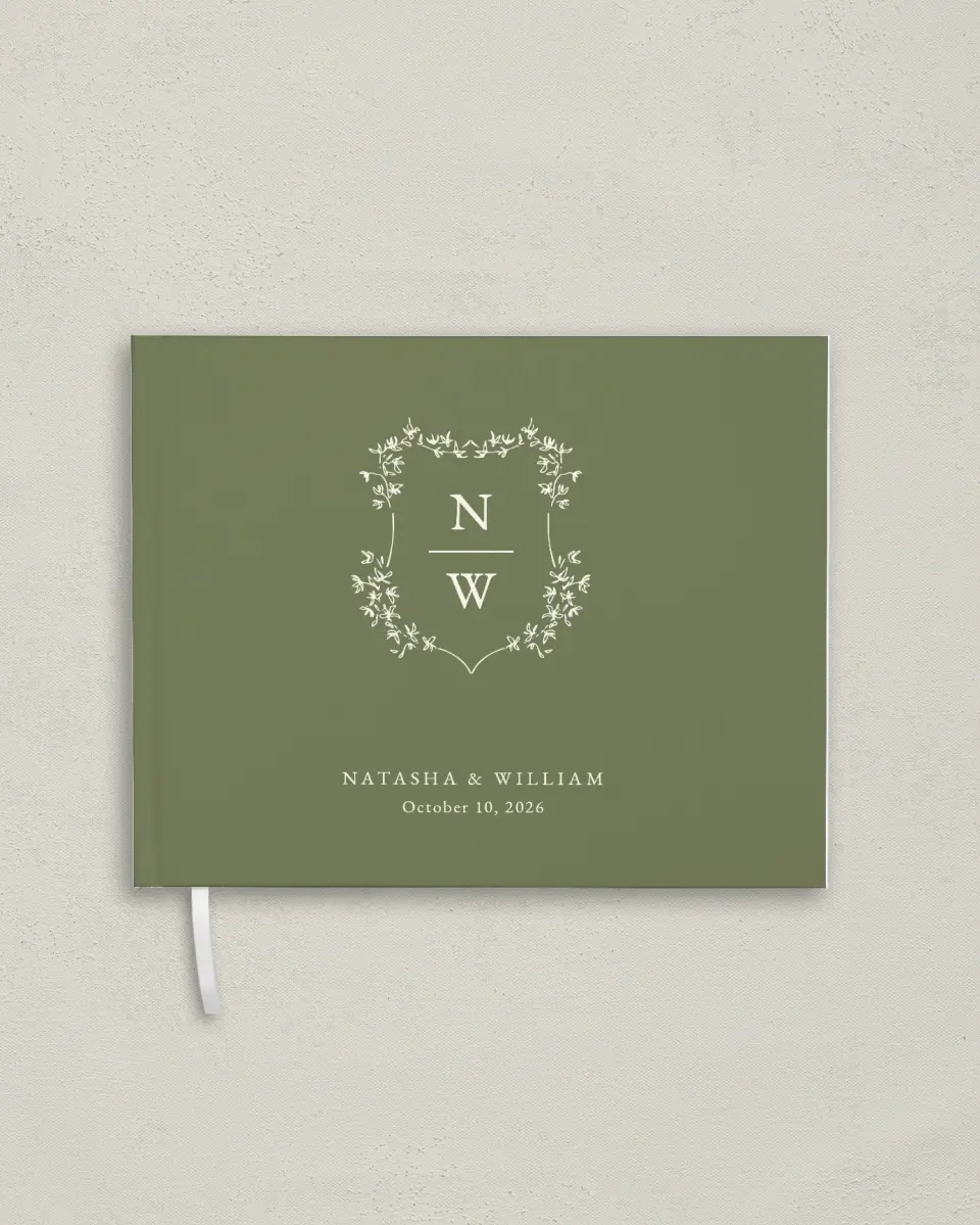 This is a 10½" x 8¼" Wedding Guest Book called Our Emblem printed in full color