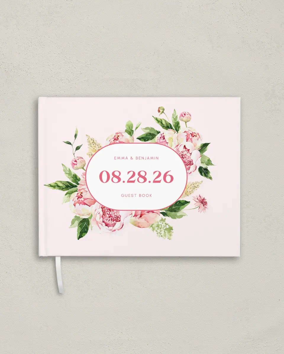 This is a 10½" x 8¼" Wedding Guest Book called Pink Peonies printed in full color