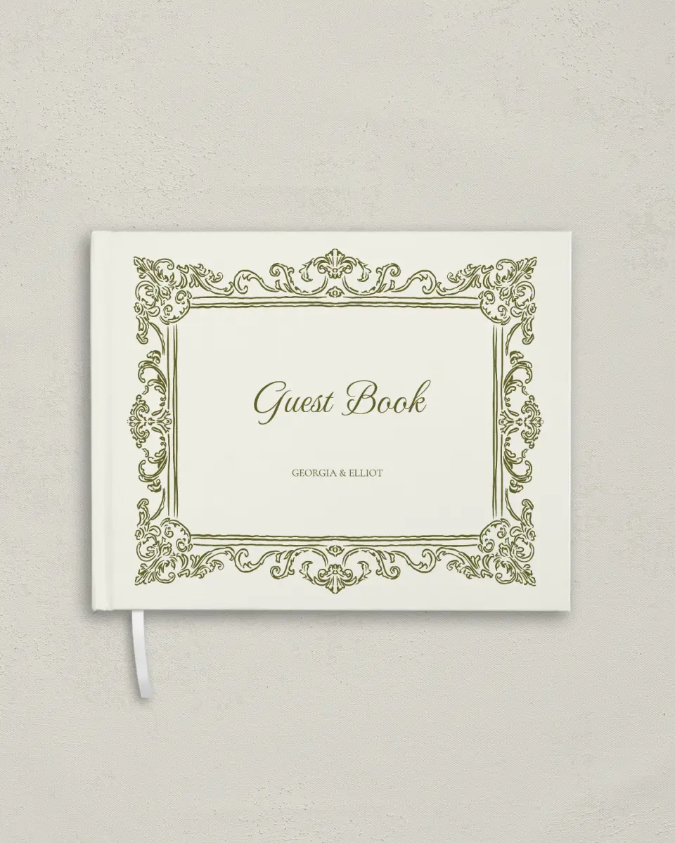 This is a 10½" x 8¼" Wedding Guest Book called Nantucket printed in full color with Rose Gold foil