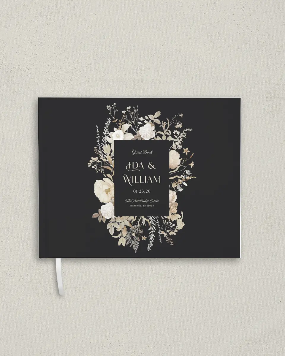 This is a 10½" x 8¼" Wedding Guest Book called Winter Wildflowers printed in full color