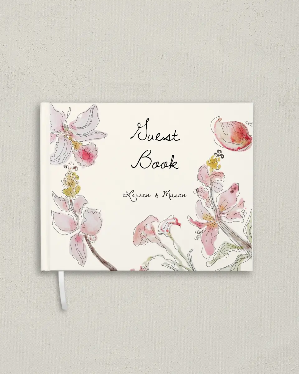 This is a 10½" x 8¼" Wedding Guest Book called Forever Bud printed in full color