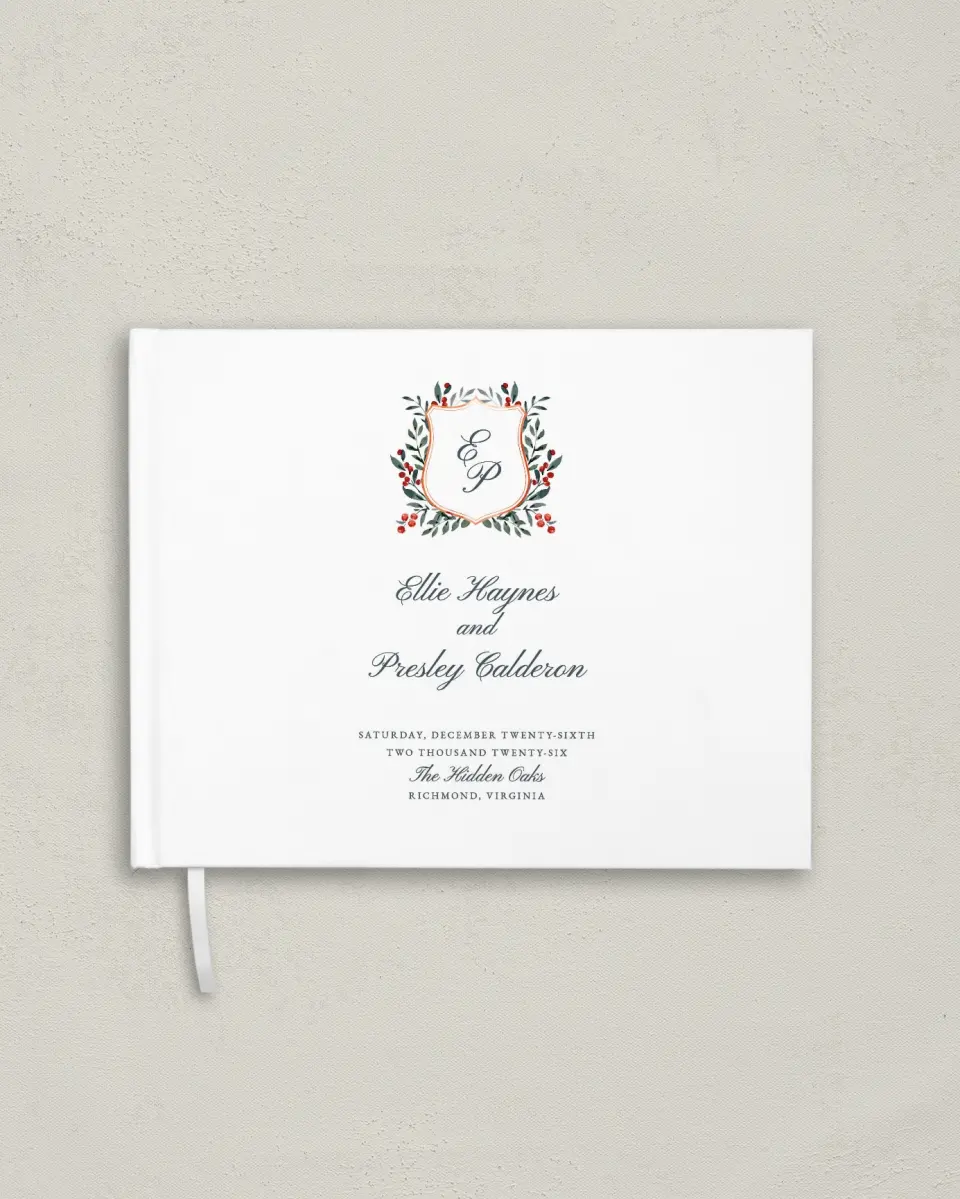 This is a 10½" x 8¼" Wedding Guest Book called Heirloom Holly printed in full color with Rose Gold foil