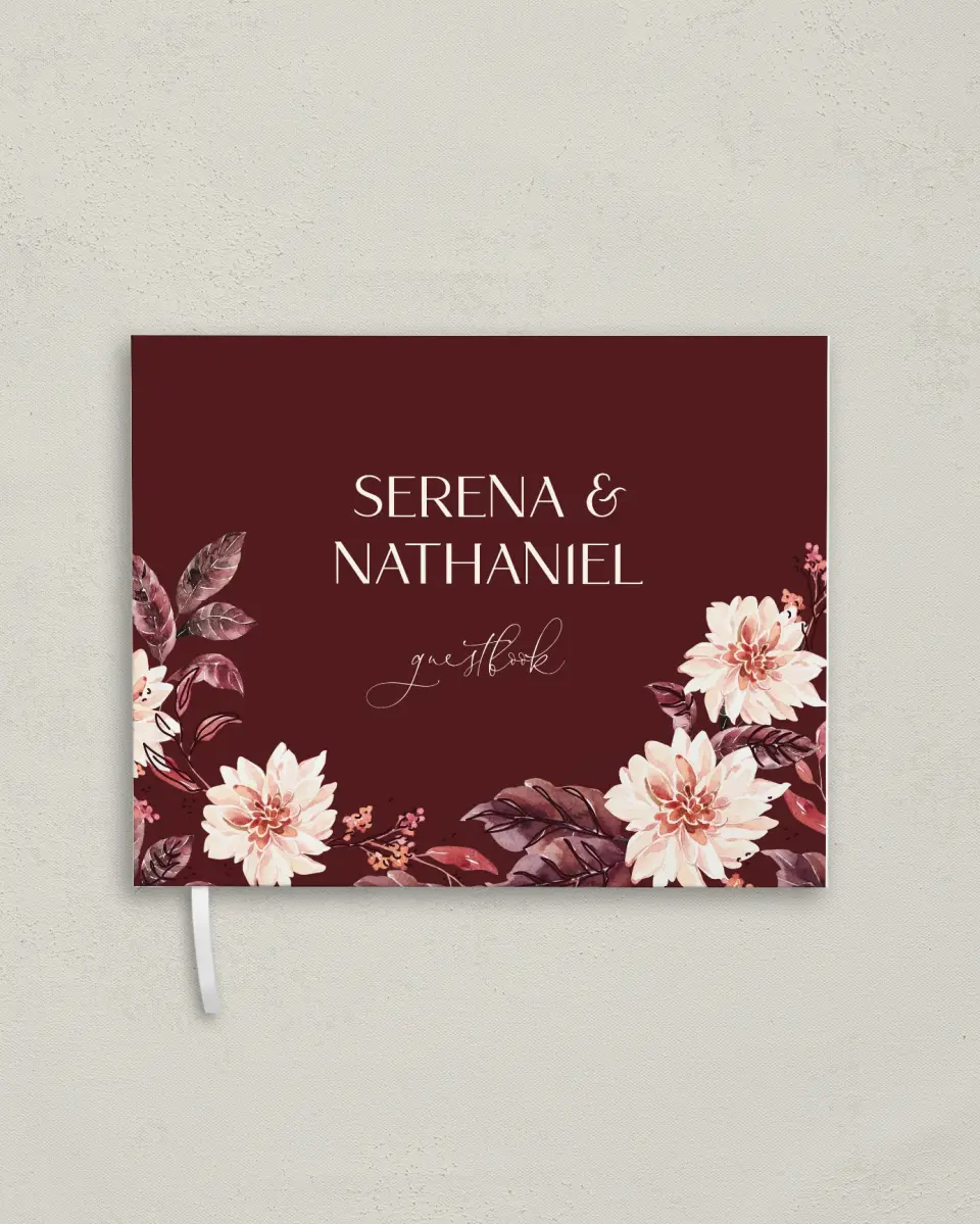 This is a 10½" x 8¼" Wedding Guest Book called Fall Florals printed in full color