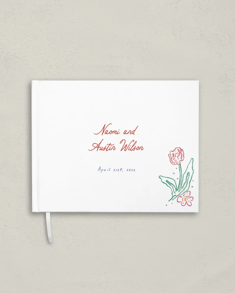 This is a 10½" x 8¼" Wedding Guest Book called Whimsy Love printed in full color