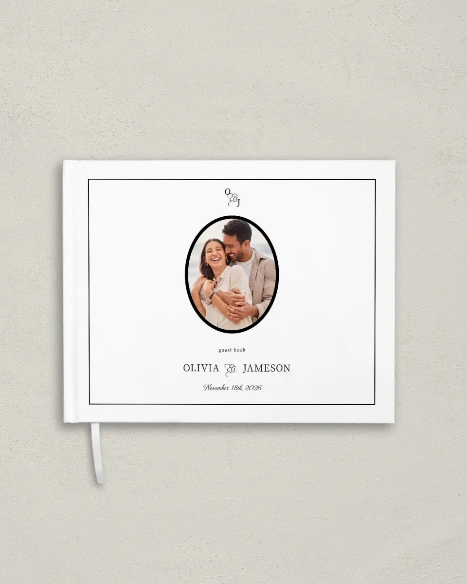 This is a 10½" x 8¼" Wedding Guest Book called Scarsdale printed in full color with Rose Gold foil