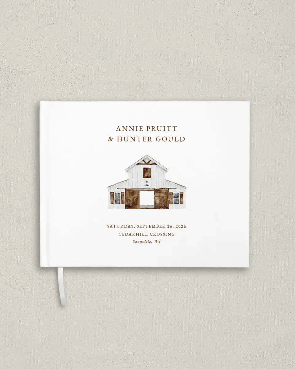 This is a 10½" x 8¼" Wedding Guest Book called Cedarhill Crossing printed in full color