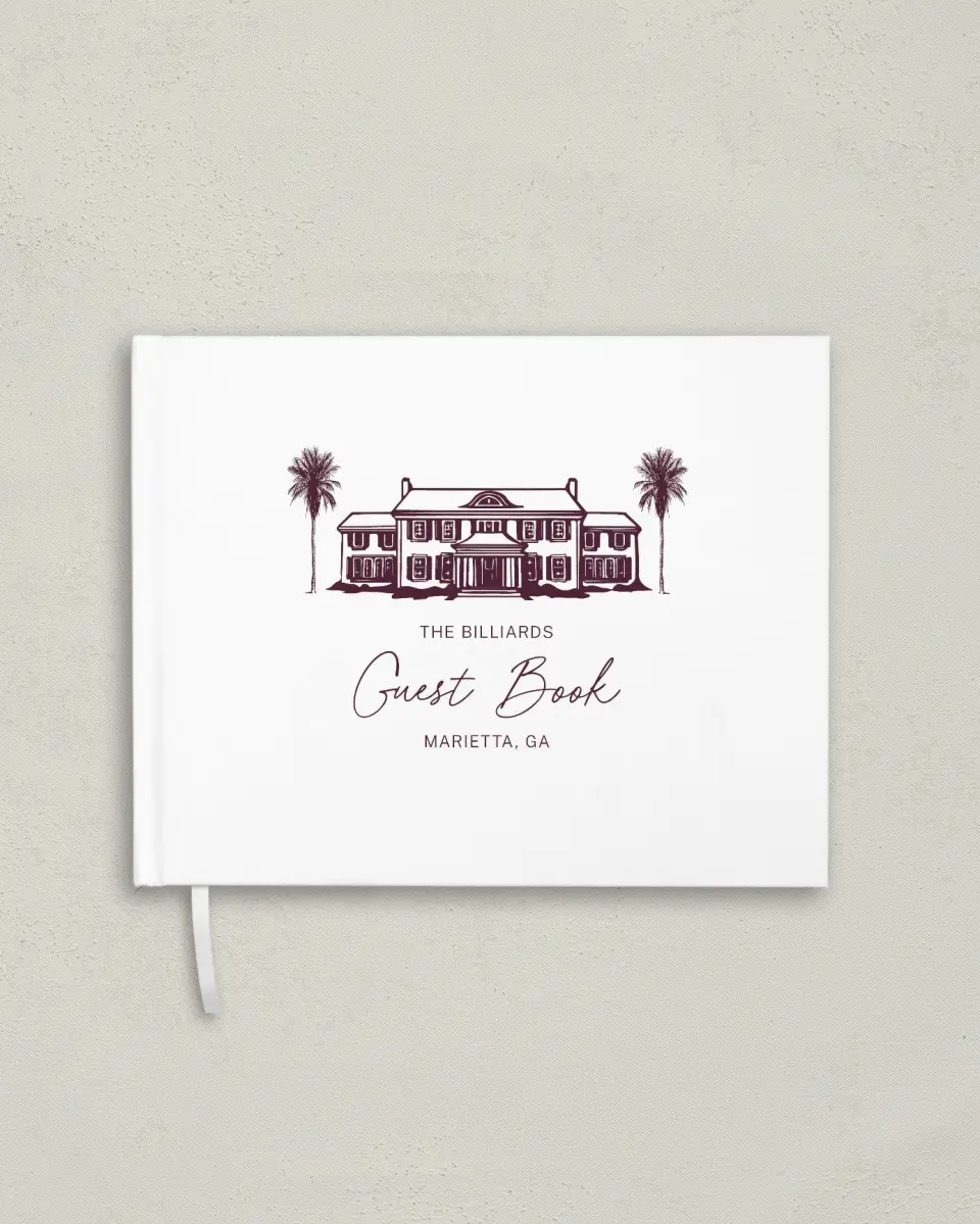 This is a 10½" x 8¼" Wedding Guest Book called The Wilclift printed in full color with Rose Gold foil