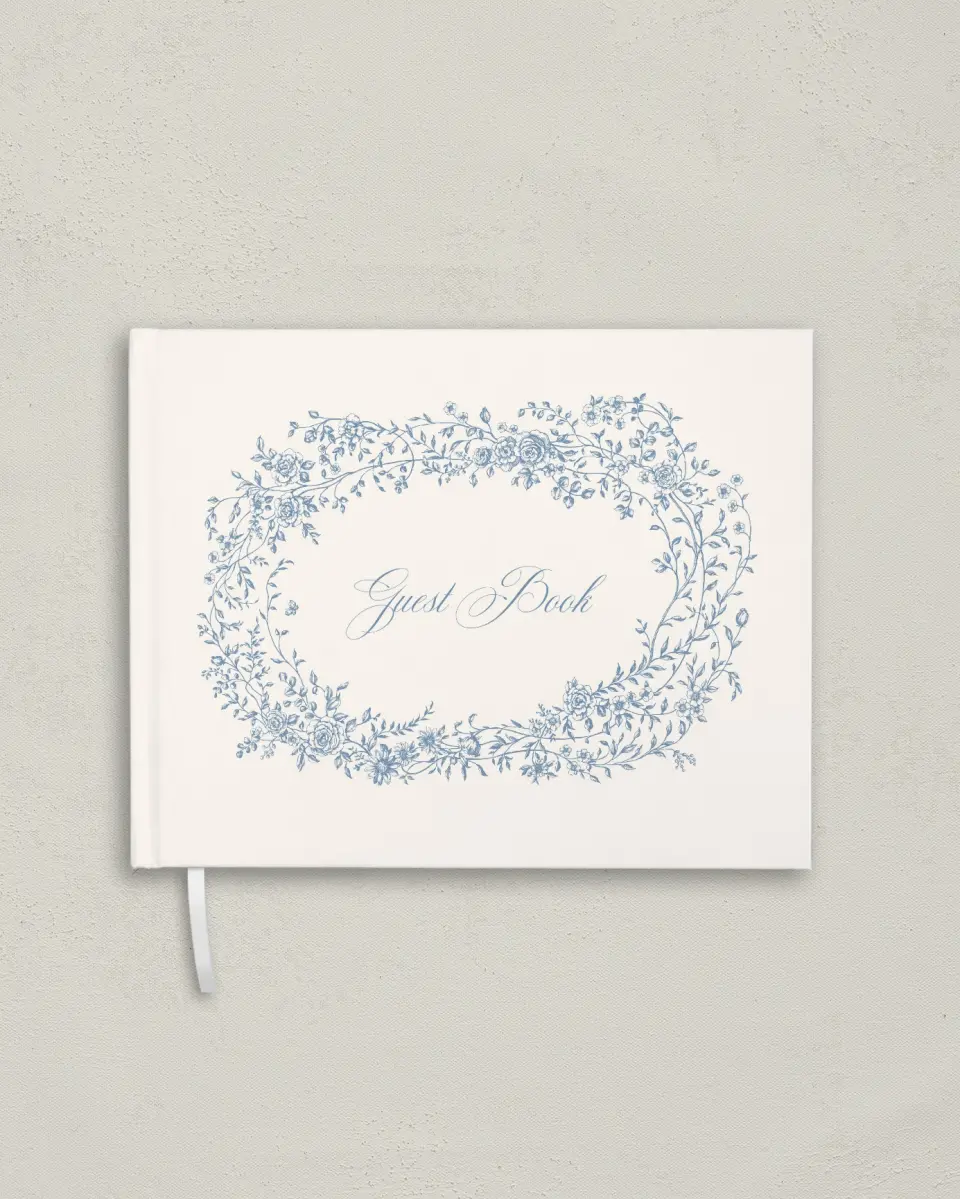 This is a 10½" x 8¼" Wedding Guest Book called Vintage Reverie printed in full color with Rose Gold foil