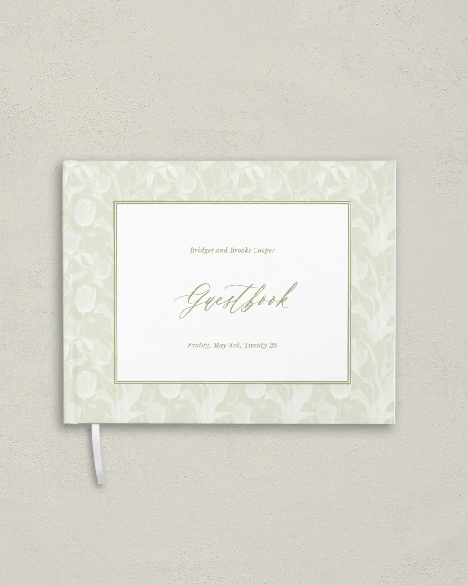This is a 10½" x 8¼" Wedding Guest Book called Timeless Tulips printed in full color