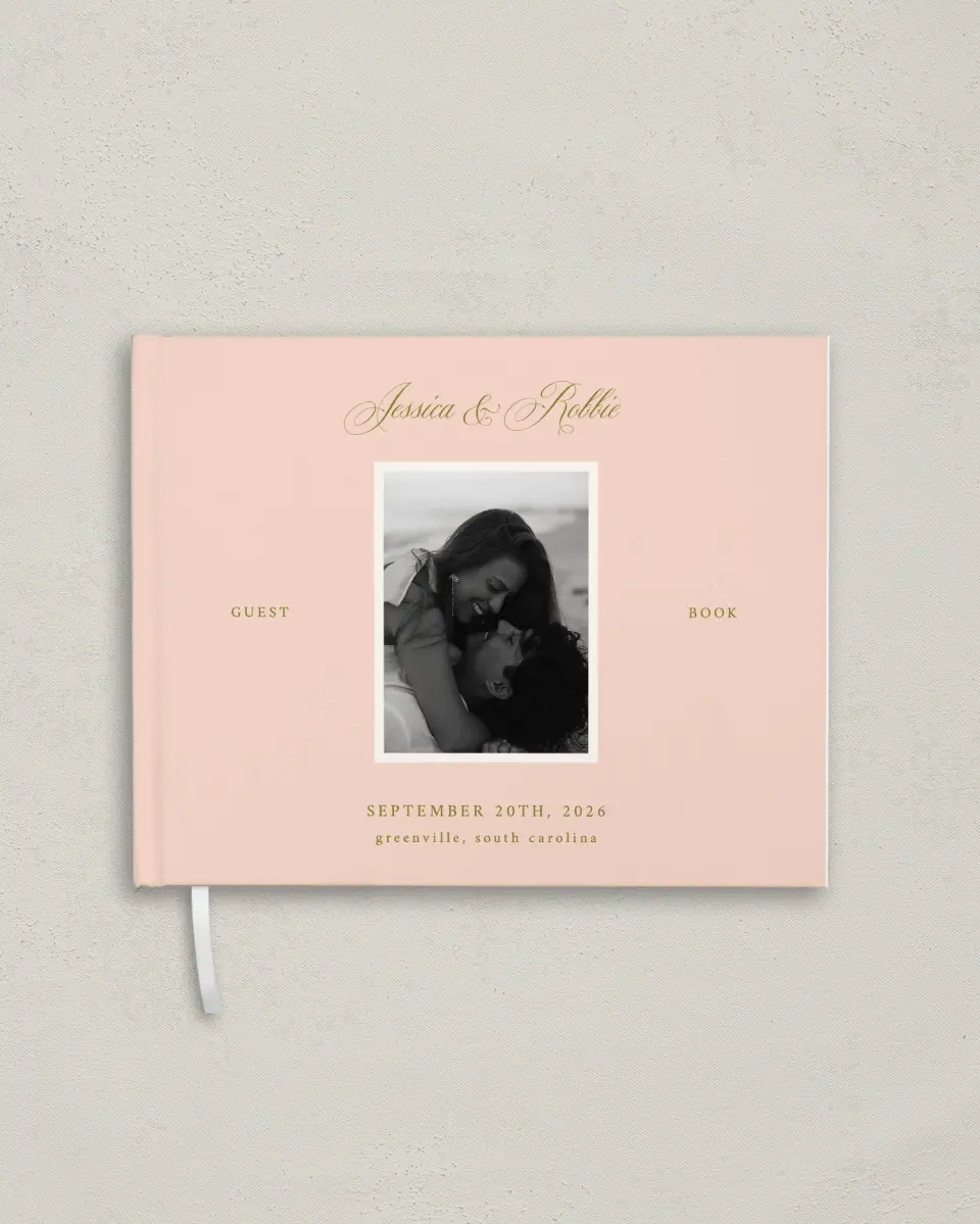 This is a 10½" x 8¼" Wedding Guest Book called Love Off Script printed in full color with Silver foil