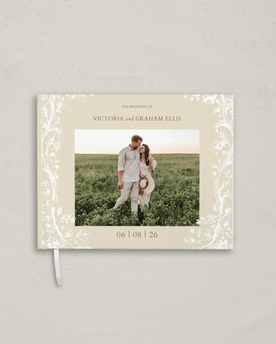 This is a 10½" x 8¼" Wedding Guest Book called Soft Branchlets printed in full color