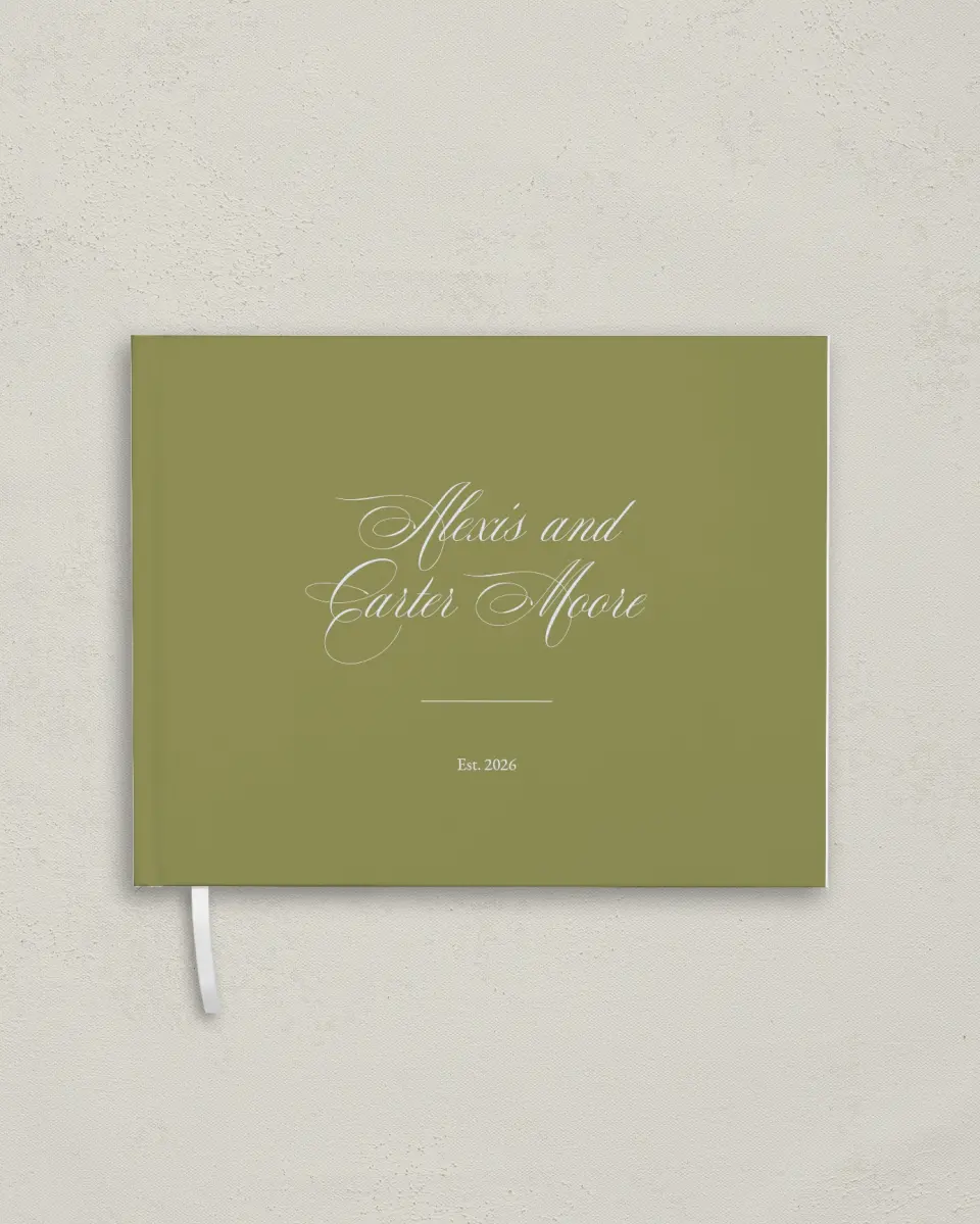 This is a 10½" x 8¼" Wedding Guest Book called Signature Vows printed in full color with Rose Gold foil