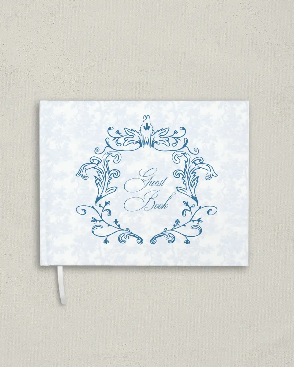 This is a 10½" x 8¼" Wedding Guest Book called Blue Toile Romance printed in full color