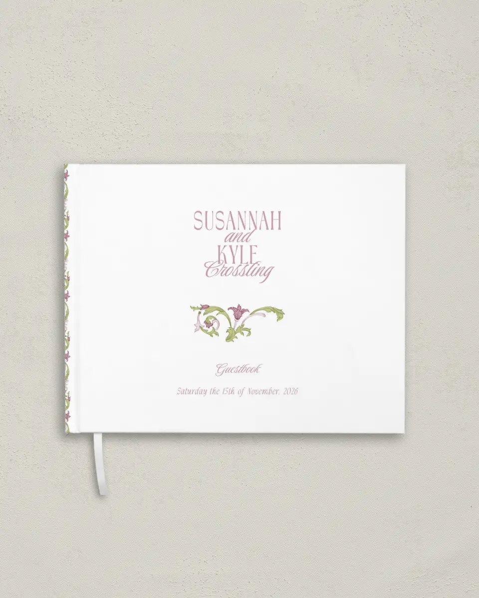 This is a 10½" x 8¼" Wedding Guest Book called Ornate Garden printed in full color with Silver foil