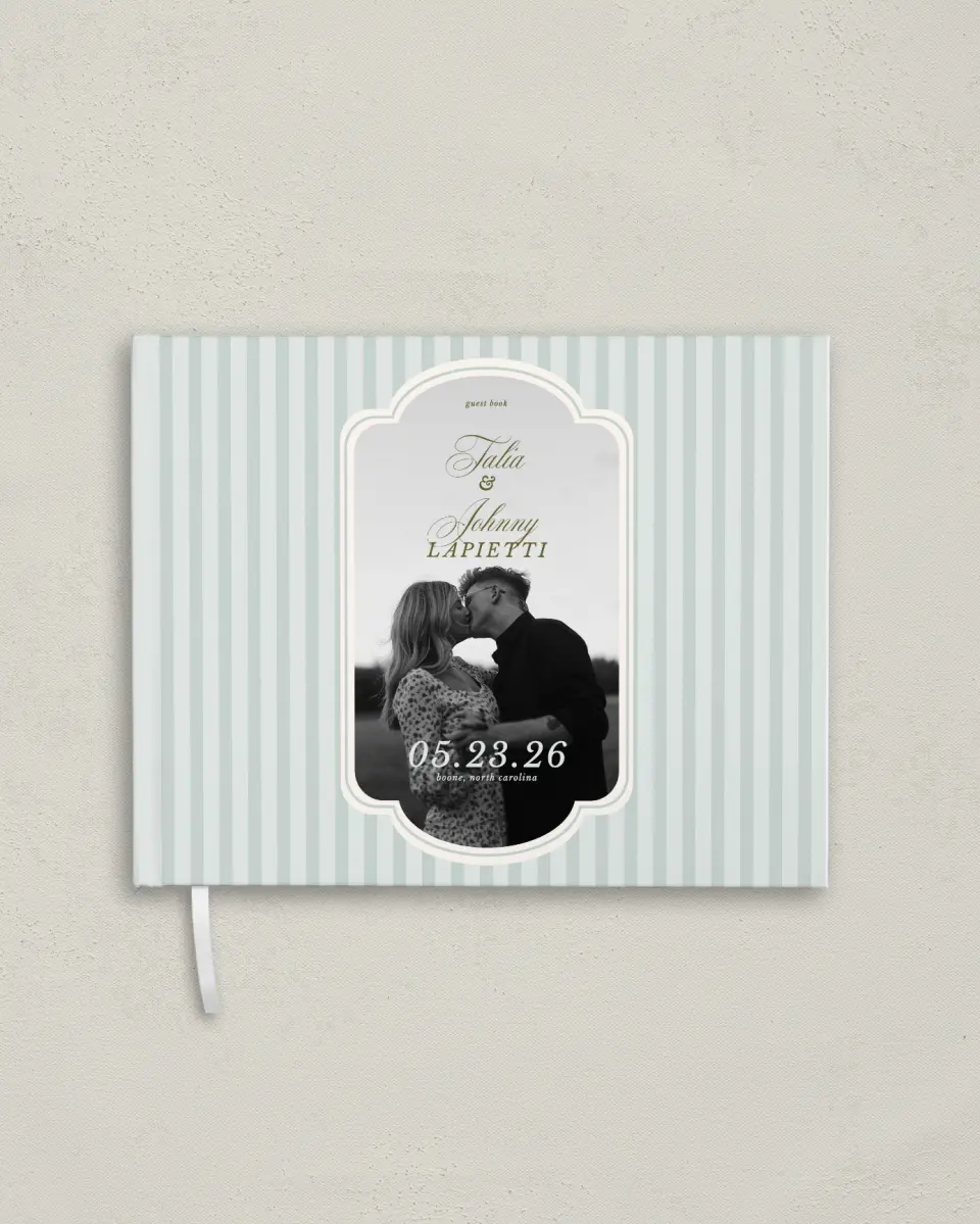 This is a 10½" x 8¼" Wedding Guest Book called Love You Forever printed in full color with Rose Gold foil