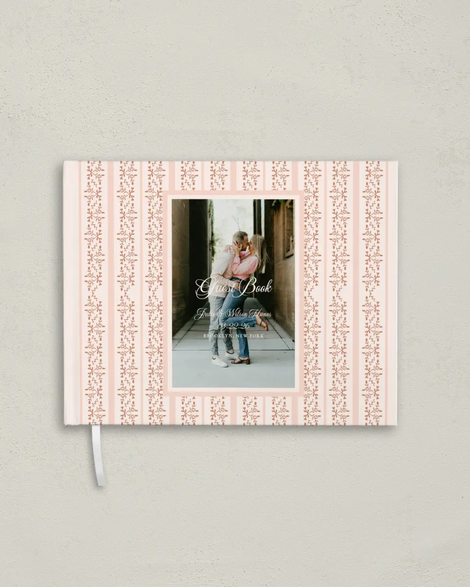 This is a 10½" x 8¼" Wedding Guest Book called Patterned Love printed in full color with Silver foil