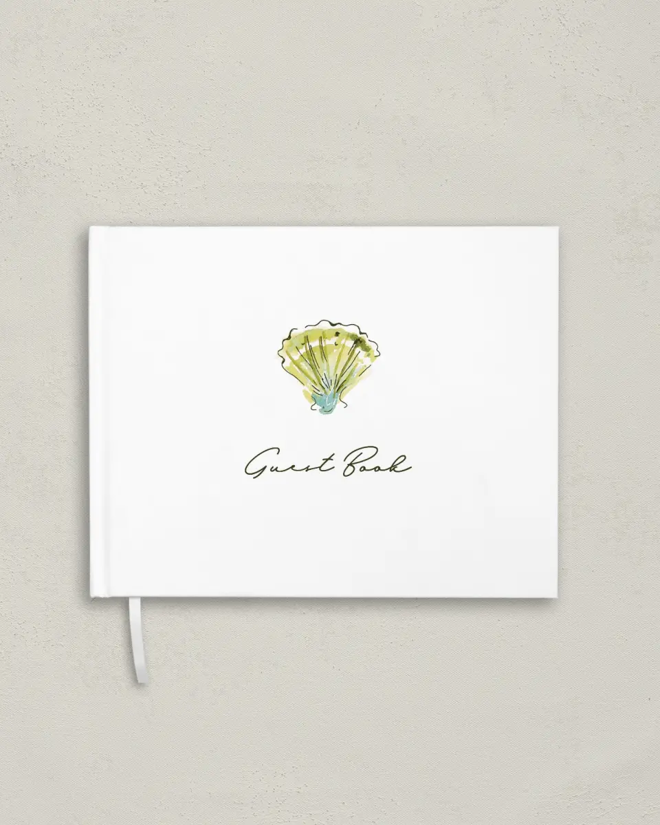 This is a 10½" x 8¼" Wedding Guest Book called Whimsical Shells printed in full color with Silver foil
