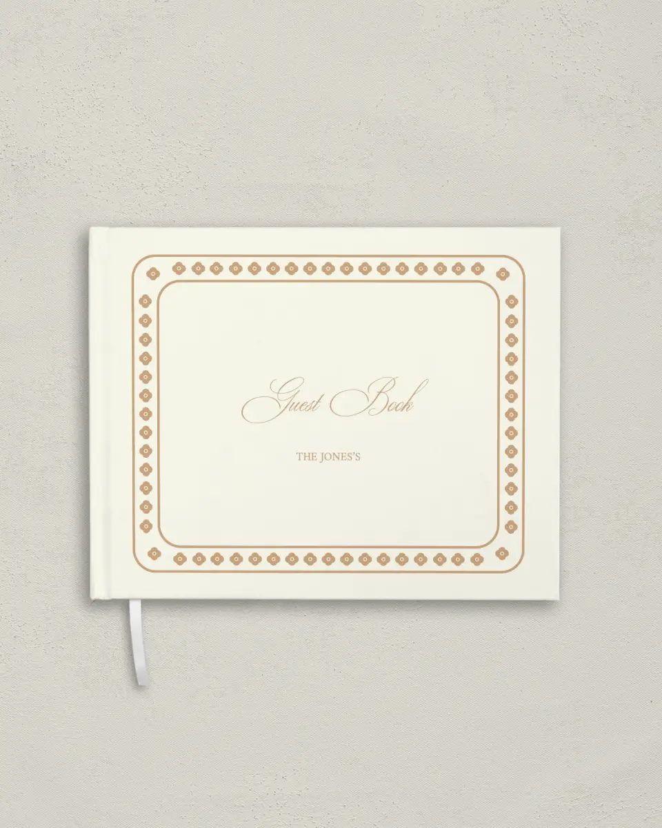 This is a 10½" x 8¼" Wedding Guest Book called Beaded Veil printed in full color with Gold foil