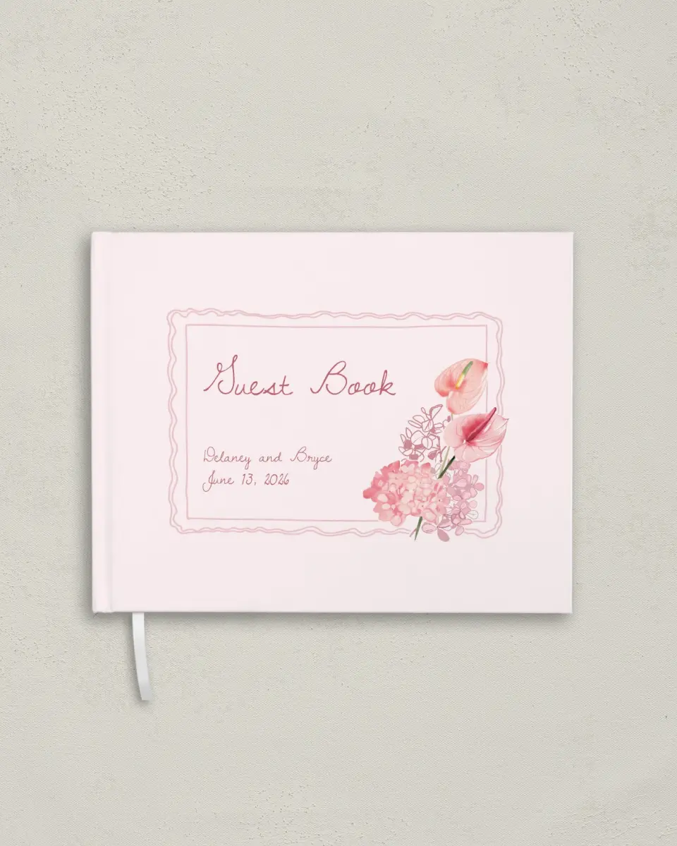 This is a 10½" x 8¼" Wedding Guest Book called Blushing Whimsy printed in full color