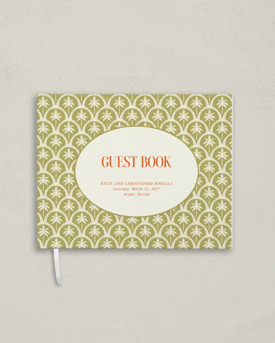 This is a 10½" x 8¼" Wedding Guest Book called Tropical Treasure printed in full color with Silver foil
