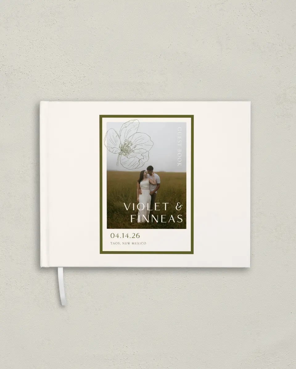 This is a 10½" x 8¼" Wedding Guest Book called Delicate Love printed in full color with Rose Gold foil