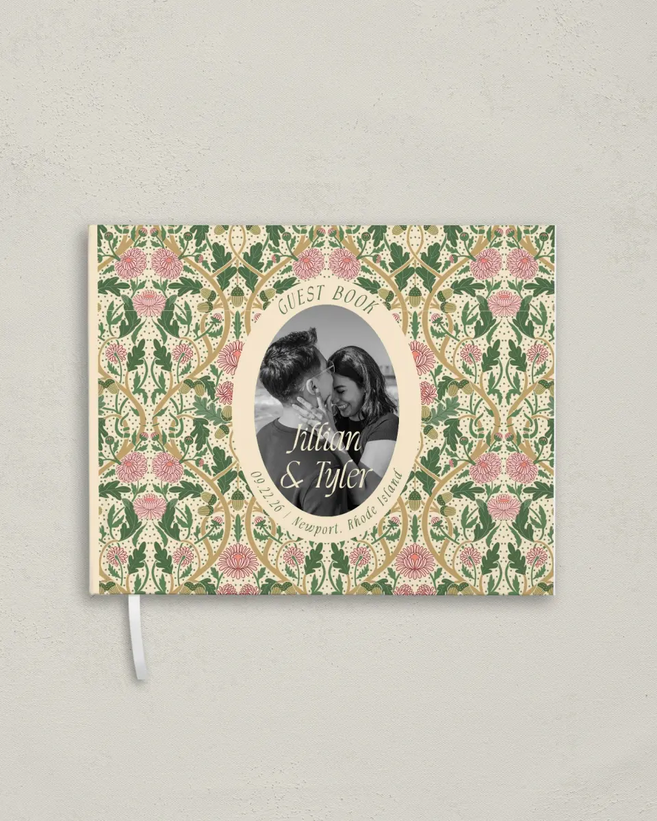 This is a 10½" x 8¼" Wedding Guest Book called Regal Garden printed in full color with Rose Gold foil