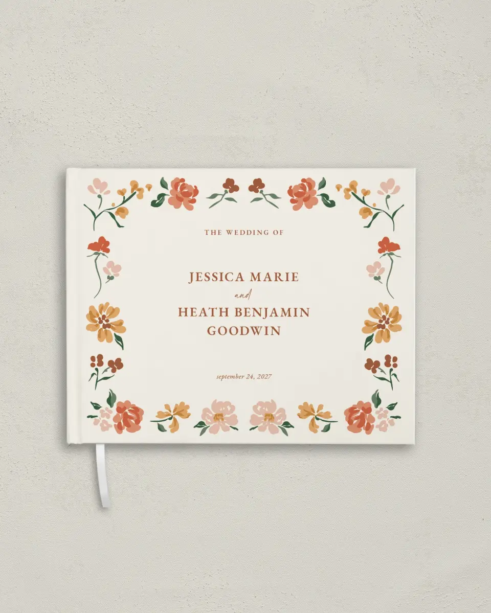 This is a 10½" x 8¼" Wedding Guest Book called Plush Petals printed in full color