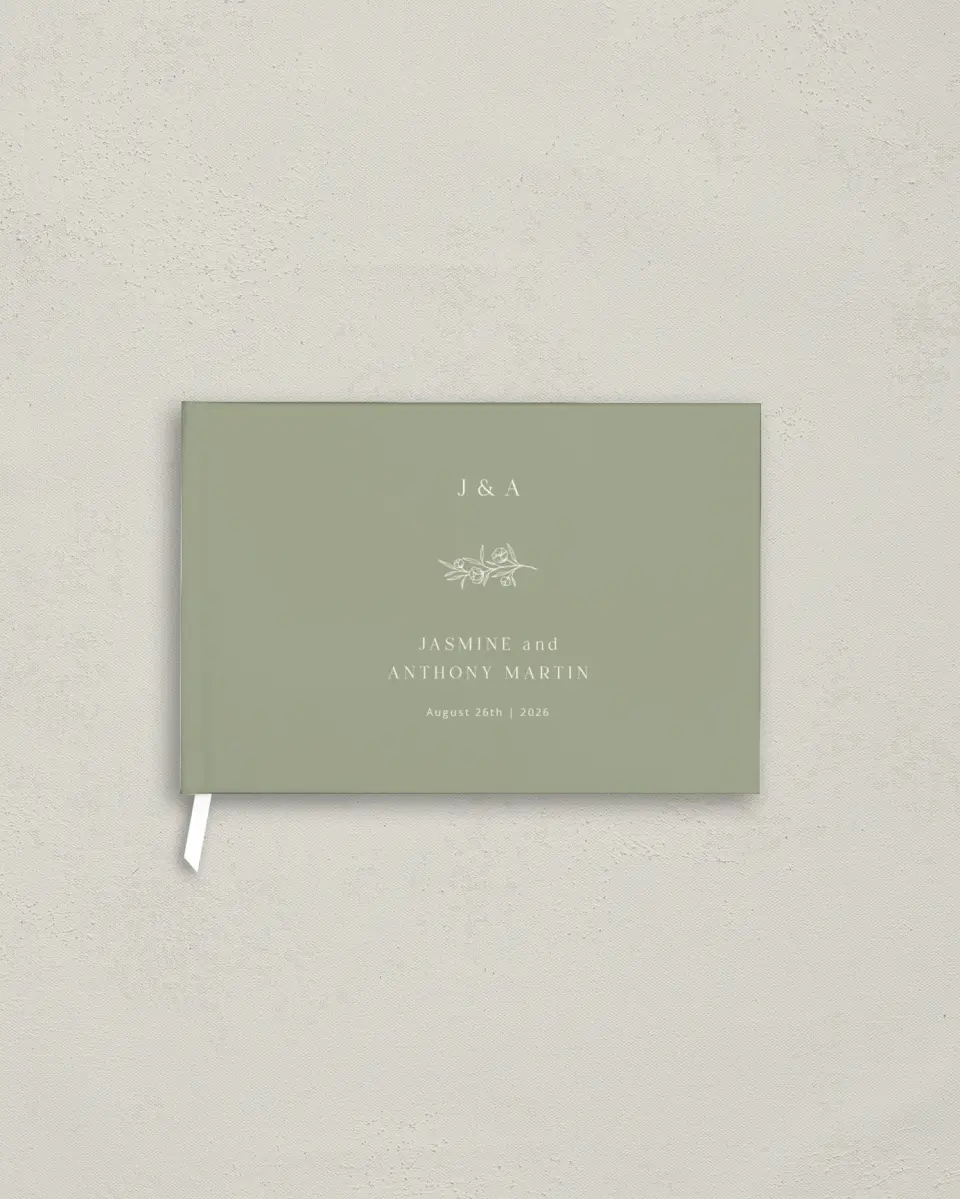 This is a 9" x 6" Wedding Guest Book called The Jasmine printed in full color with Silver foil