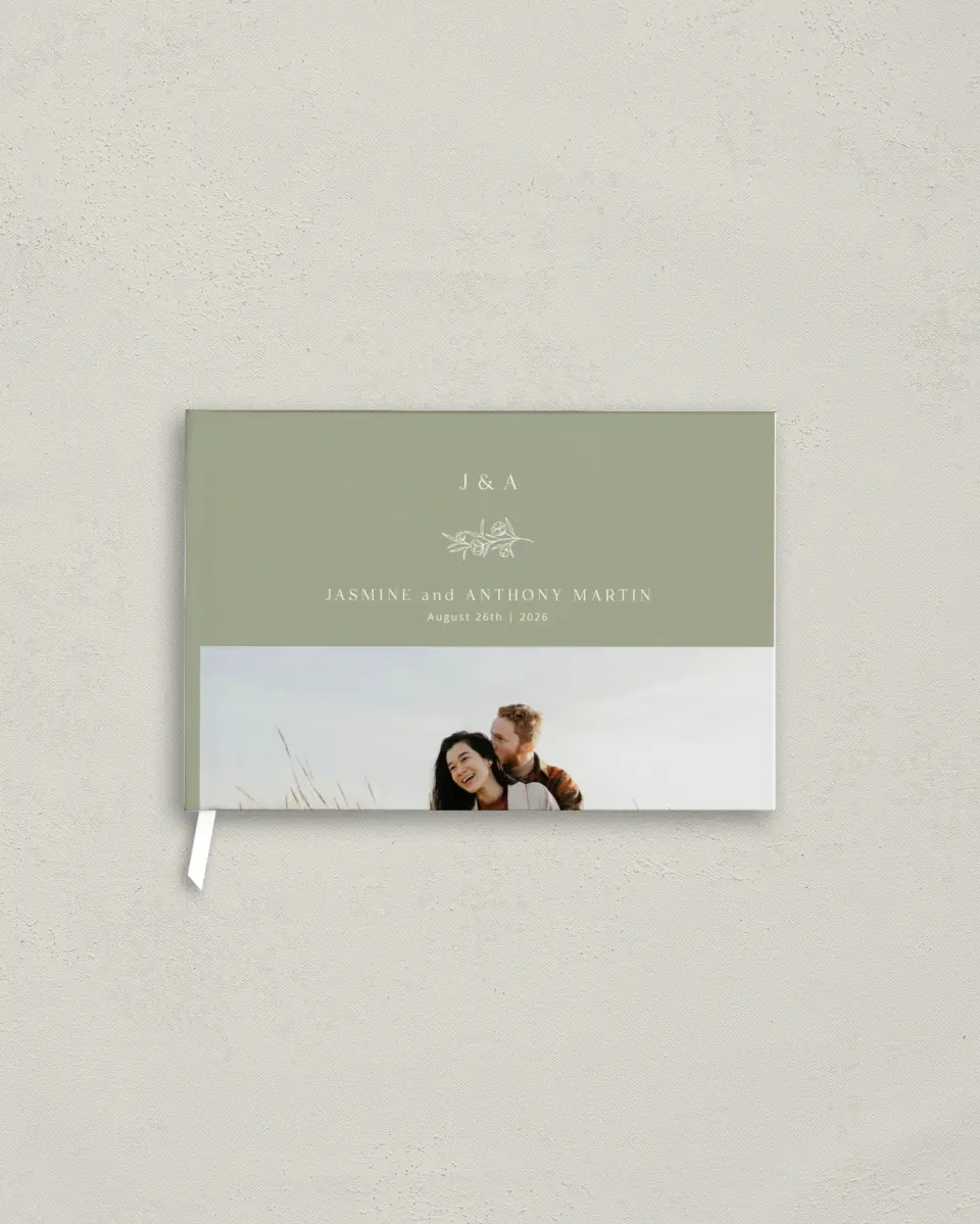 This is a 9" x 6" Wedding Guest Book called The Jasmine printed in full color with Silver foil