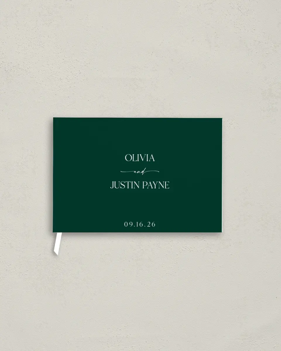 This is a 9" x 6" Wedding Guest Book called The Olivia printed in full color with Silver foil