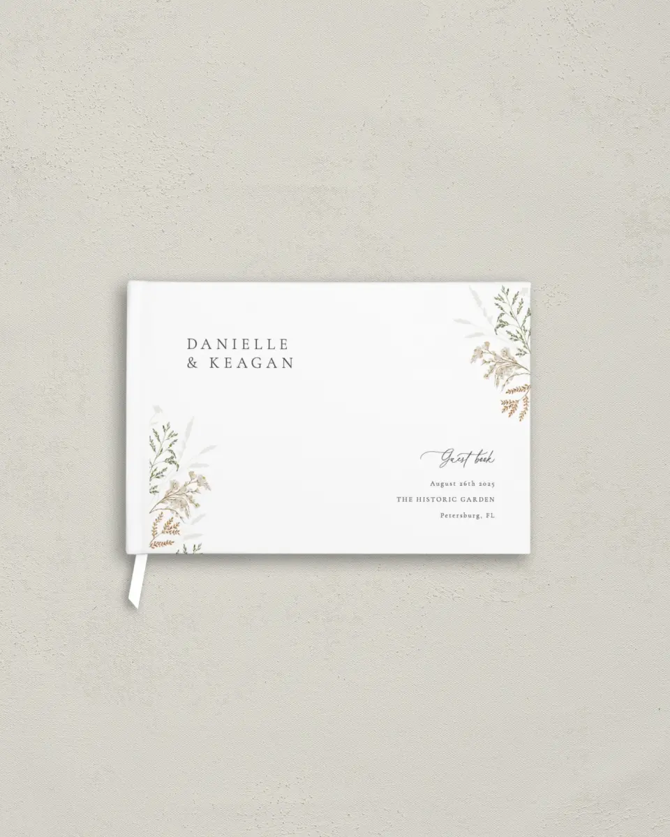 This is a 9" x 6" Wedding Guest Book called Wild Devotion printed in full color with Silver foil