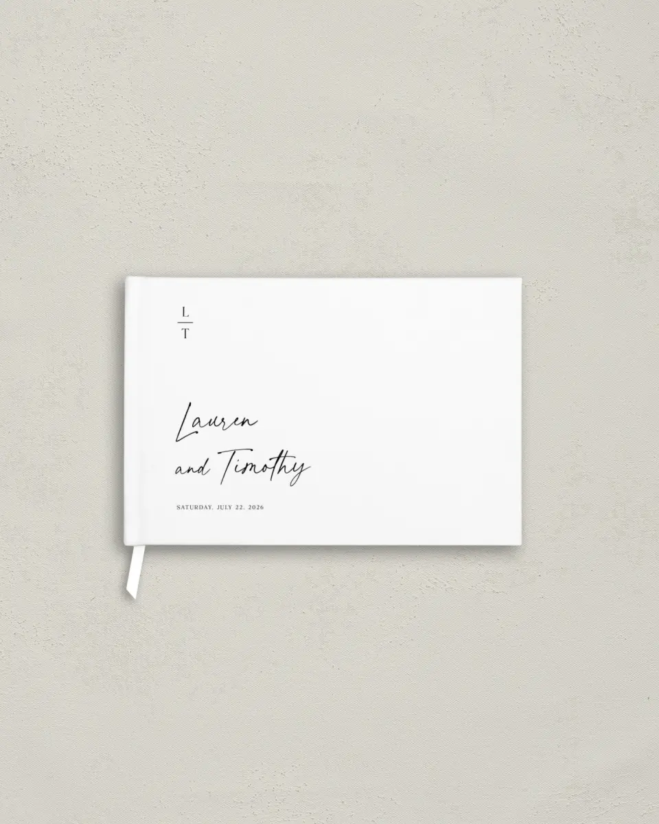 This is a 9" x 6" Wedding Guest Book called The Lauren printed in full color with Silver foil